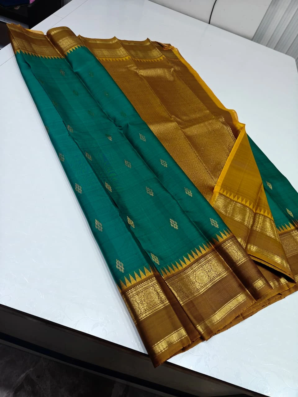 Teal Blue & Mustard Gold Kanjivaram Saree